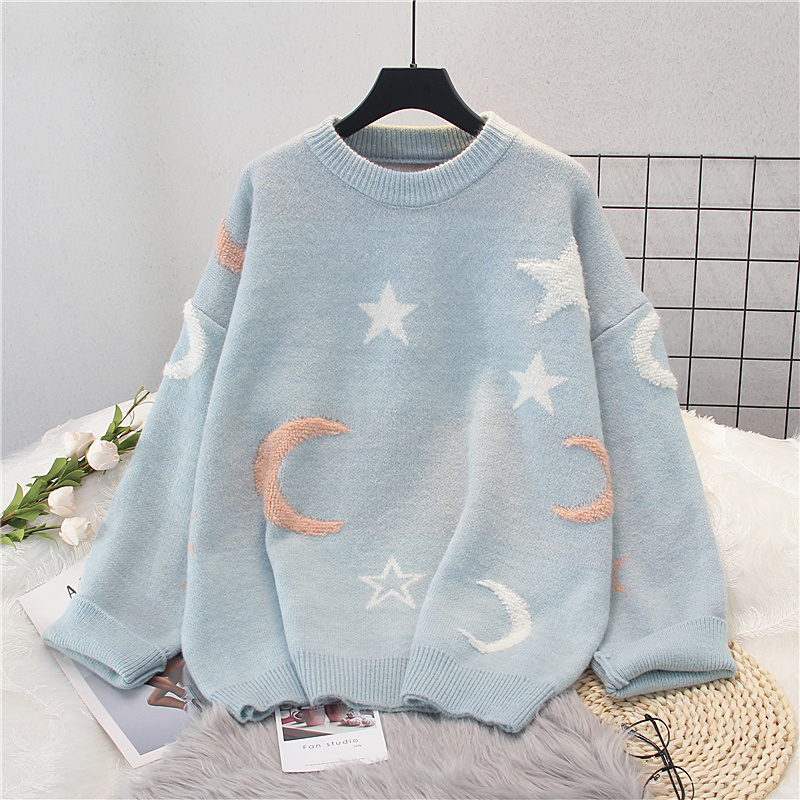 Women Pull Sweaters 2022 New Stars Moon Casual Jumper For Women Sweet Knitwear Pink Sweater Pullovers Harajuku Loose Jacket alx