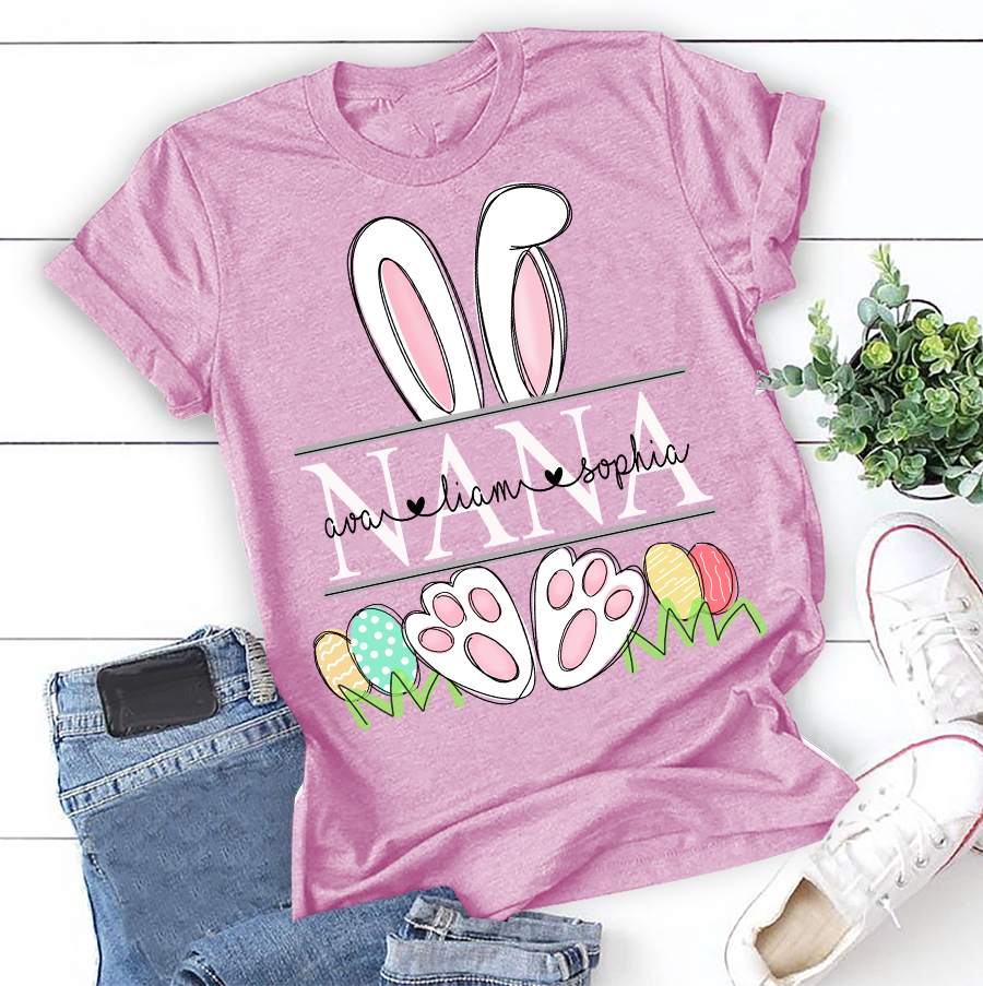 Apayprint – Grandma, Nana, MiMi, Gigi- Bunny Art, Grandkid’s Name | Personalized T-Shirt