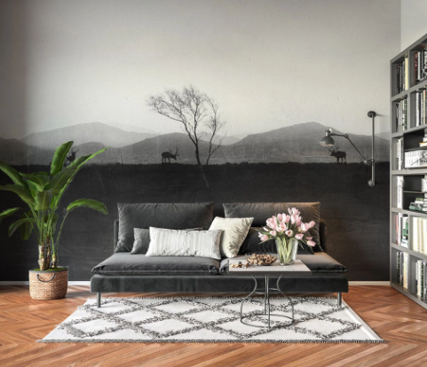 3D Black White Mountain Tree Plant Buck Animal Wall Mural Wallpaper Lxl