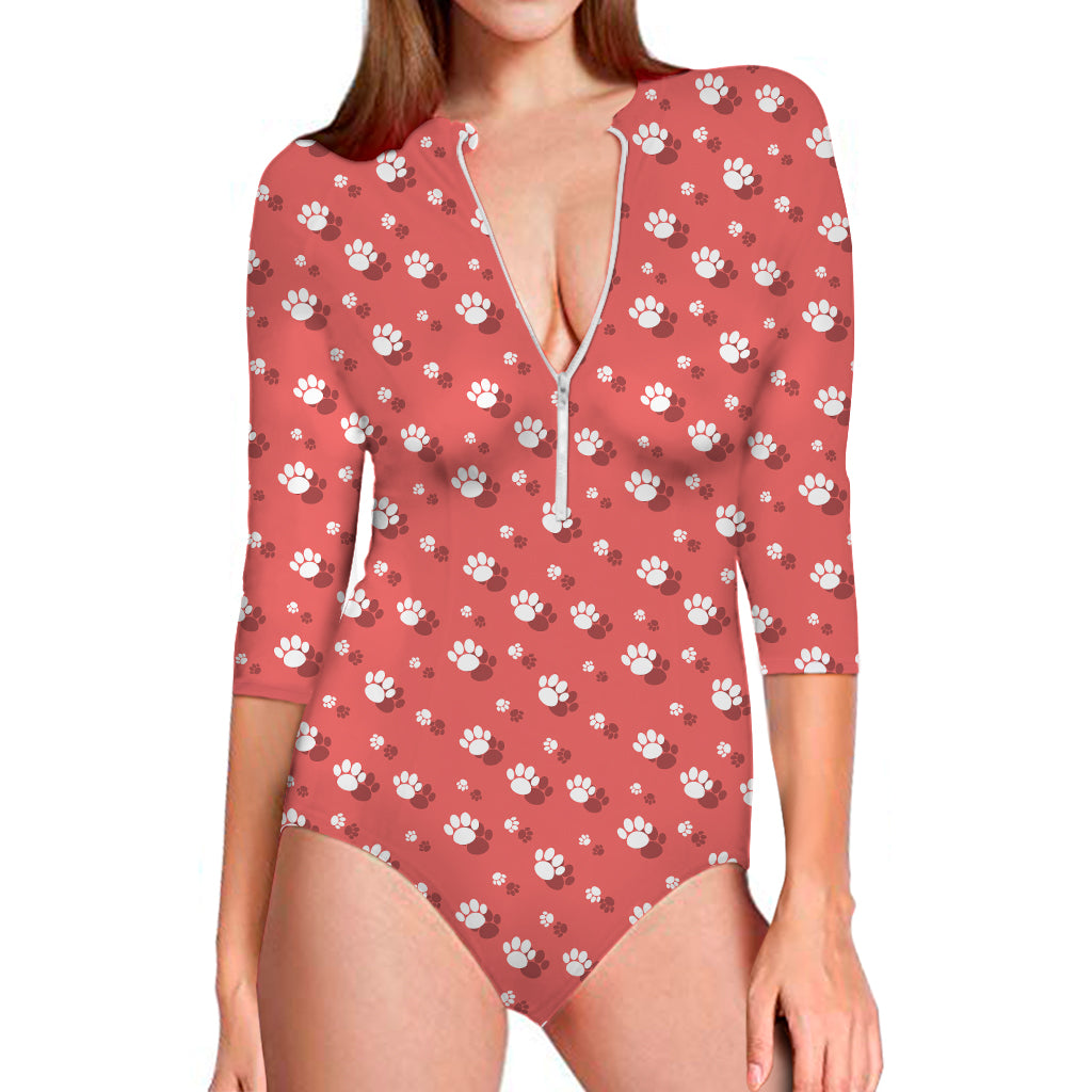 Pink And White Animal Paw Pattern Print Long Sleeve One Piece Swimsuit