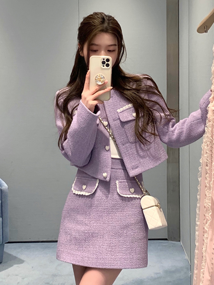 Small Fragrance Gentle Two Piece Sets Women Outfits Korean Fashion Sweet Short Jacket Coat + Skirt 2 Piece Set Ensemble Femme alx