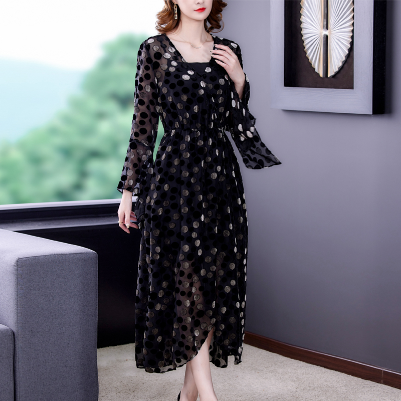 Black Natural Silk Hollow Out Polka Dot Maxi Dress Spring Autumn Korean Vintage Casual Dress 2022 Women Elegant Bodycon Dress alx