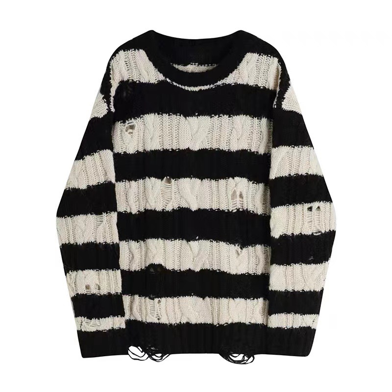 Autumn Winter Casual Loose Style Sweater Women Stripes Long Sleeve Round Collar Ripped Holes Knitted Tops Pullovers Streetwear alx