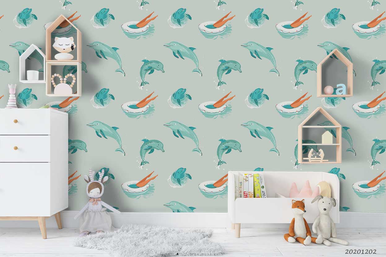 3D Vintage Hand Drawn Dolphin Fish Summer Swimming Pattern Wall Mural Wallpaper Lxl