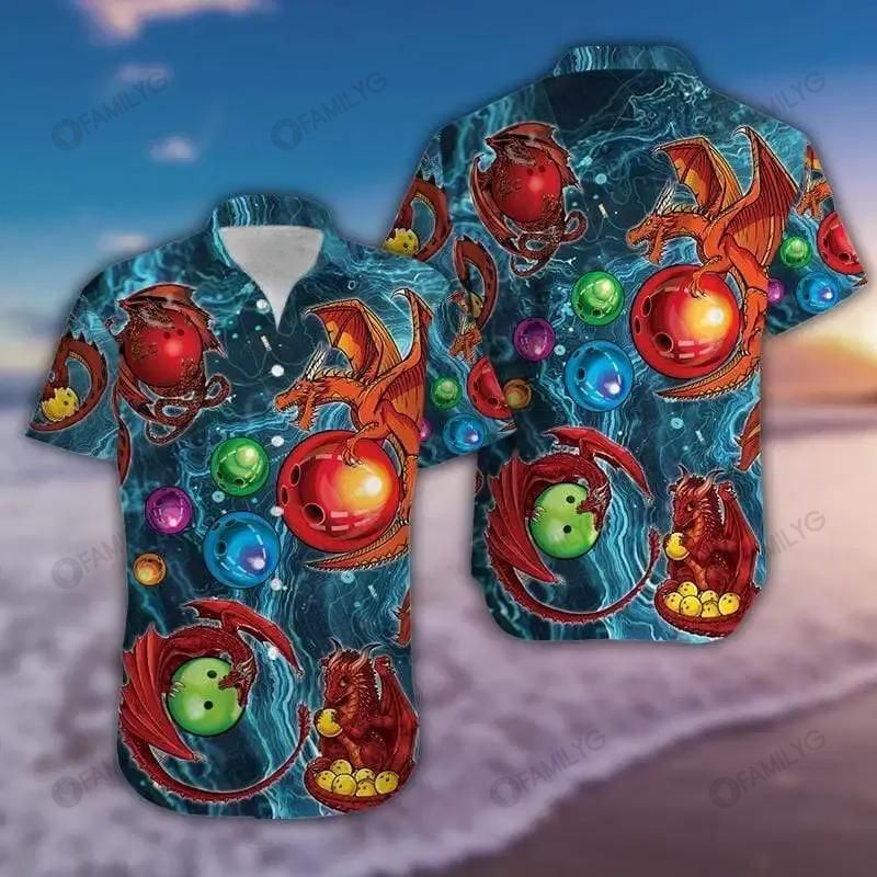 Unique Bowling Shirts – Amazing Thunder Bowling Dragon Blue Colorful Unisex Hawaiian Shirt Summer Hawaiian For Men, Women, Couple