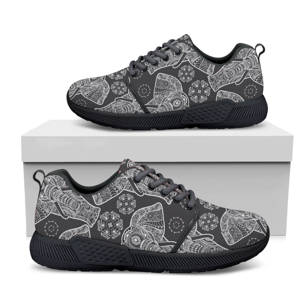 Black And White Boho Elephant Print Black Athletic Shoes