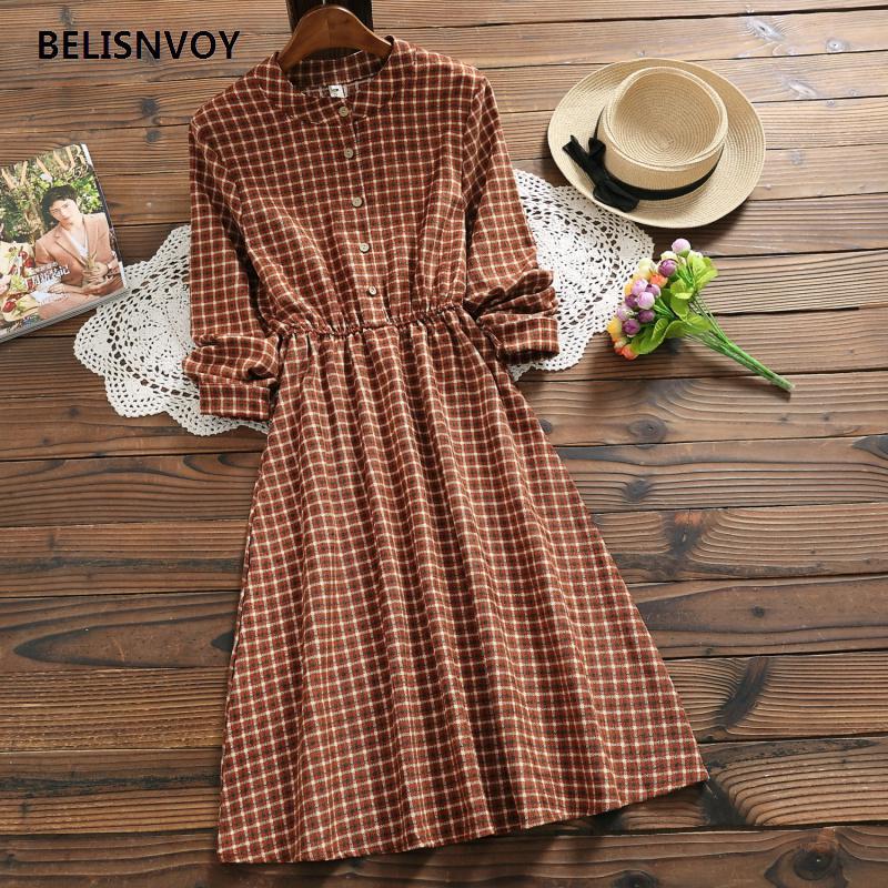 Autumn Winter Women Elegant Dresses Femininos Sweet Corduroy Lady Dress Stand Collar Vintage Plaid Retro Dress Vestidos alx