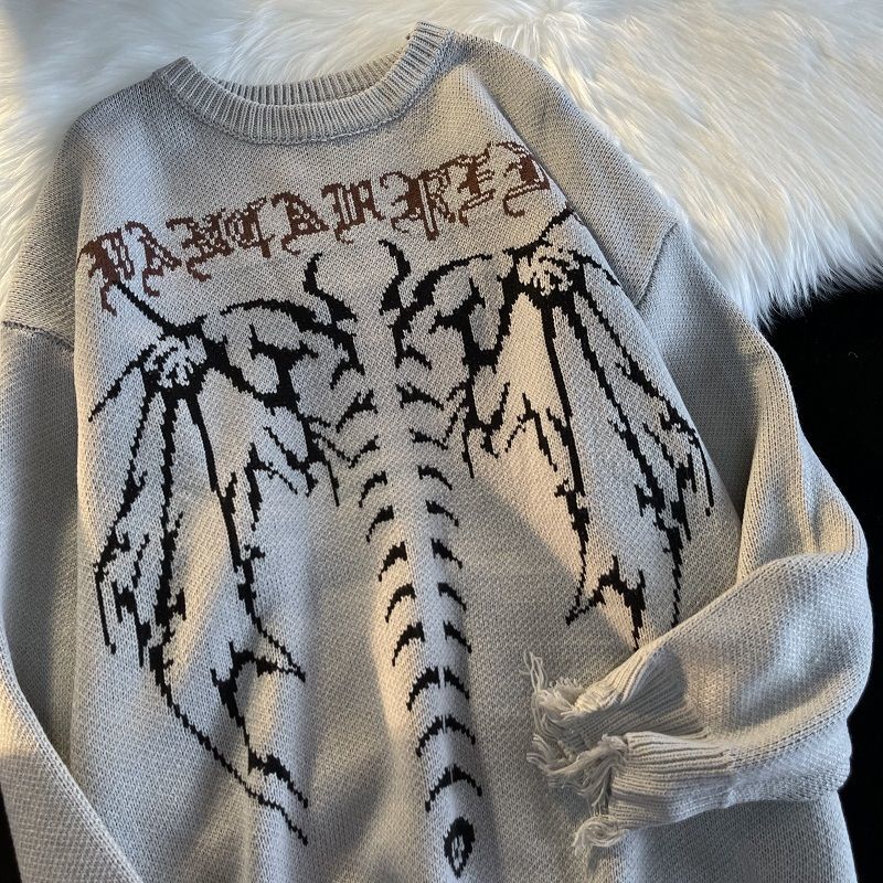 2022 new gothic alphabet bat skull print jumper hip-hop street style knitted sweater men’s autumn Harajuku cotton sweater women alx