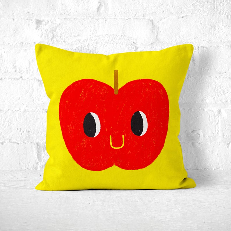 Happy Apple Throw Pillow, Cute Funny Cushion, Red & Yellow Colorful Quirky Kids Room Decor