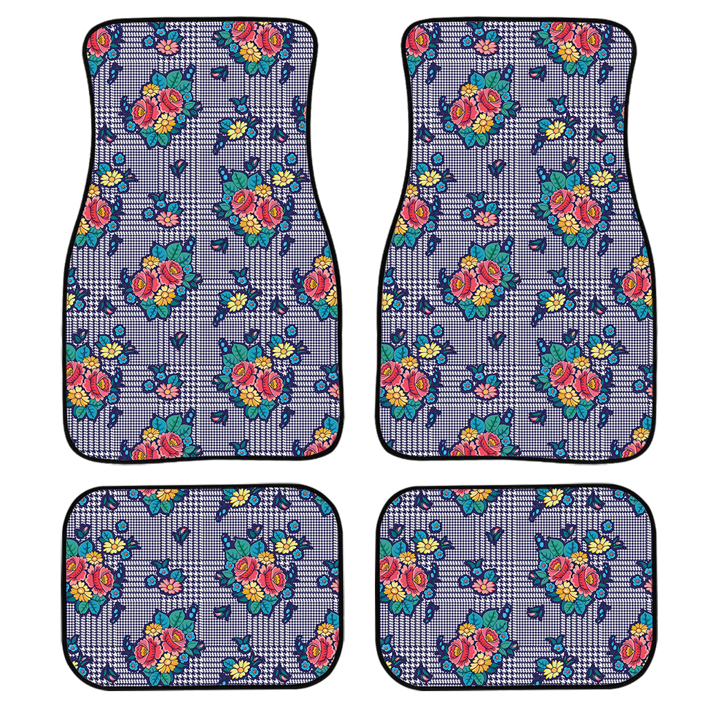 Blue And White Floral Glen Plaid Print Front And Back Car Floor Mats, Front Car Mat