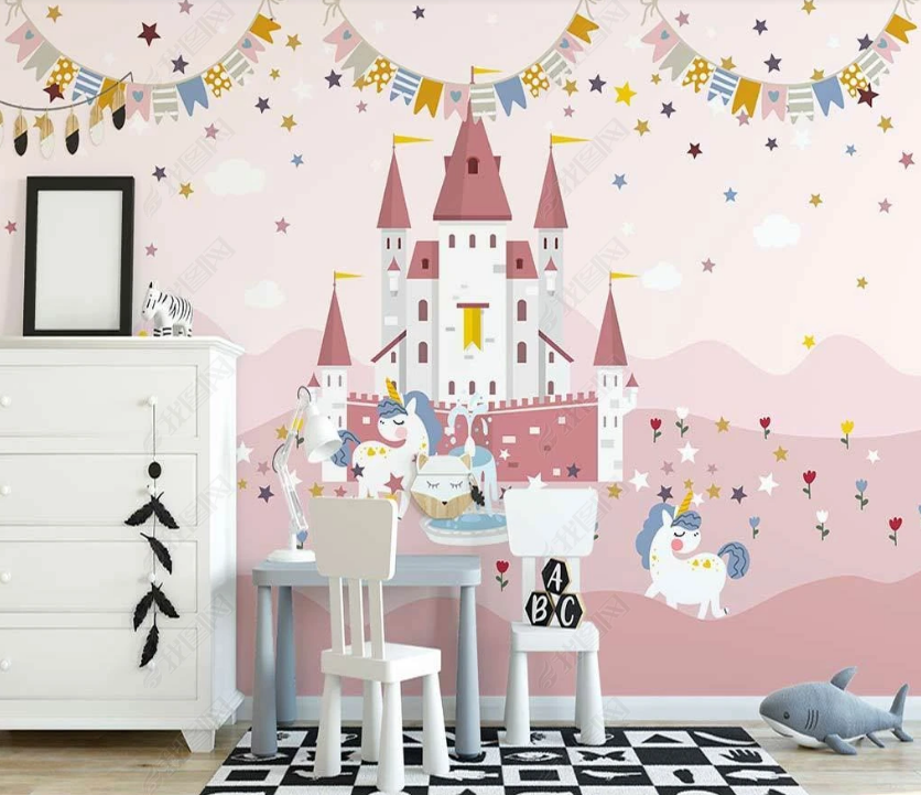 3D Cartoon Pink Castle Unicorn Wall Mural Wallpaper Lqh 90