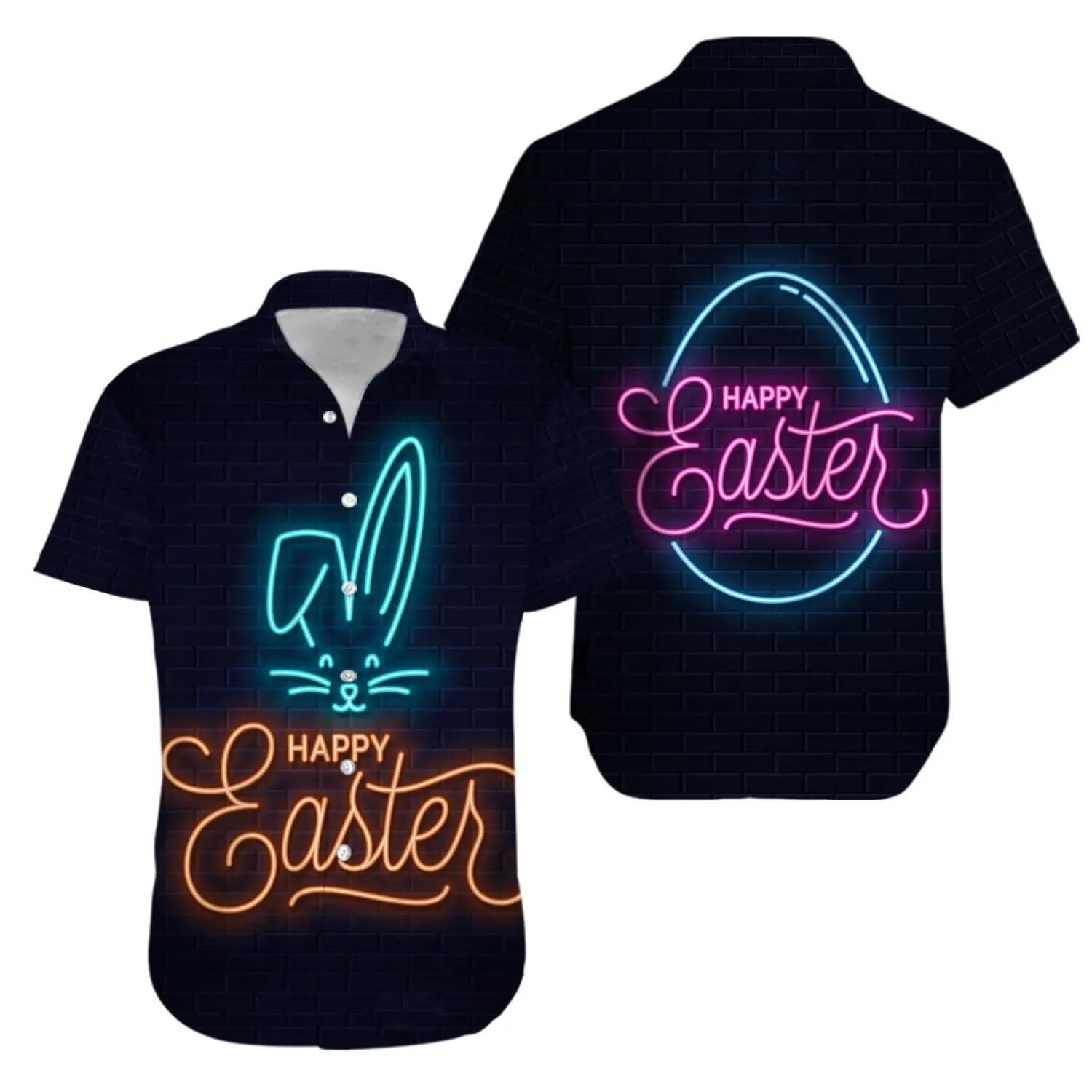 Bunny Neon Happy Easter Day Aloha Hawaiian Shirt Colorful Short Sleeve Summer Beach Casual Shirt For Men And Women