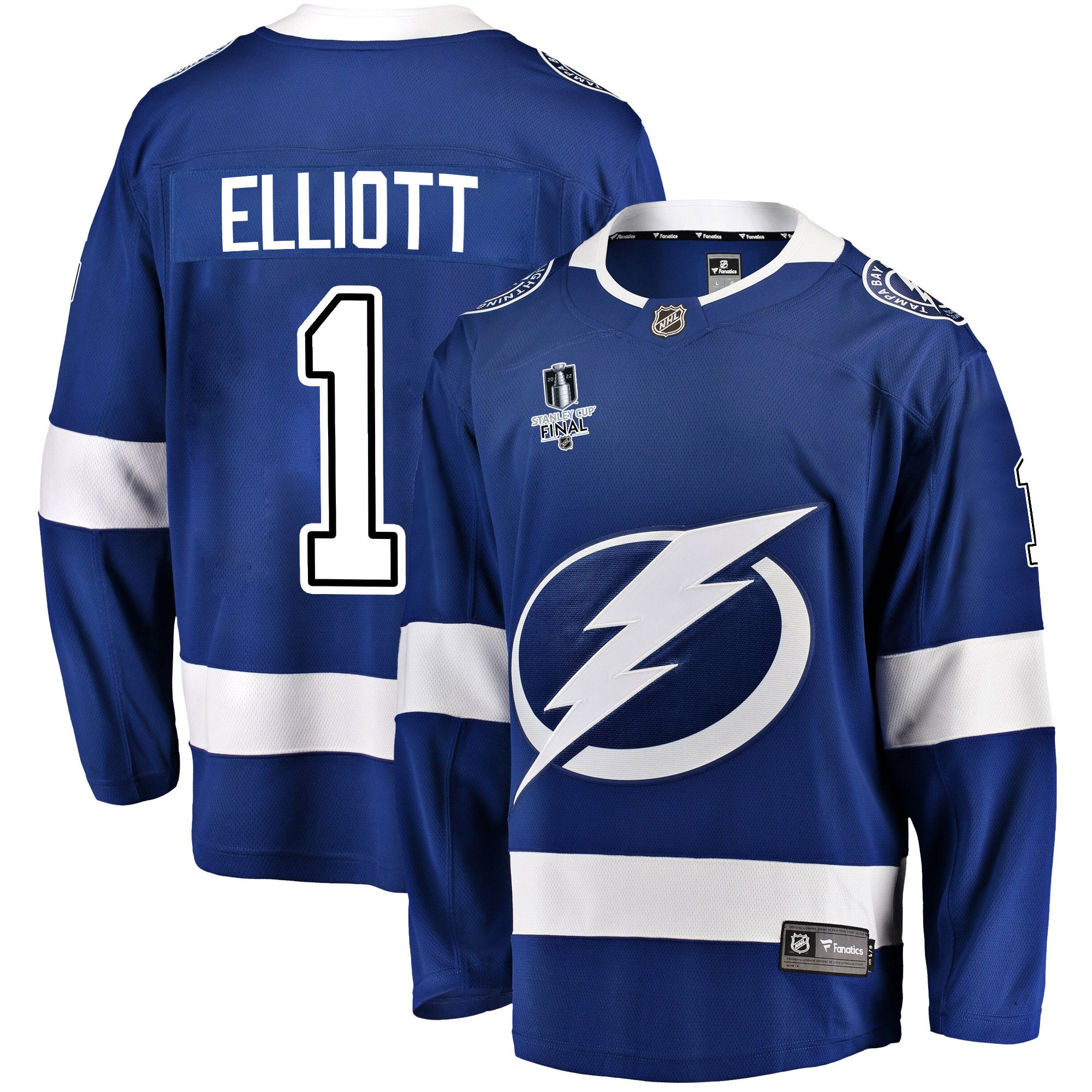 Tampa Bay Lightning Brian Elliott 1 Home 2022 Stanley Cup Final Breakaway Men Jersey – Blue