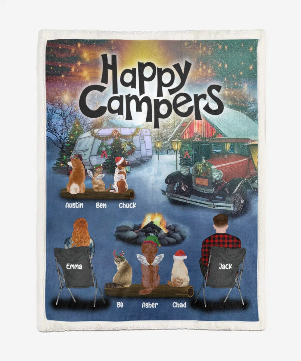 Personalized Blanket/Quilt For Pet Lovers – Christmas Gift – Happy Campers – Up To 6 Pets/Dogs/Cats – Furlidays