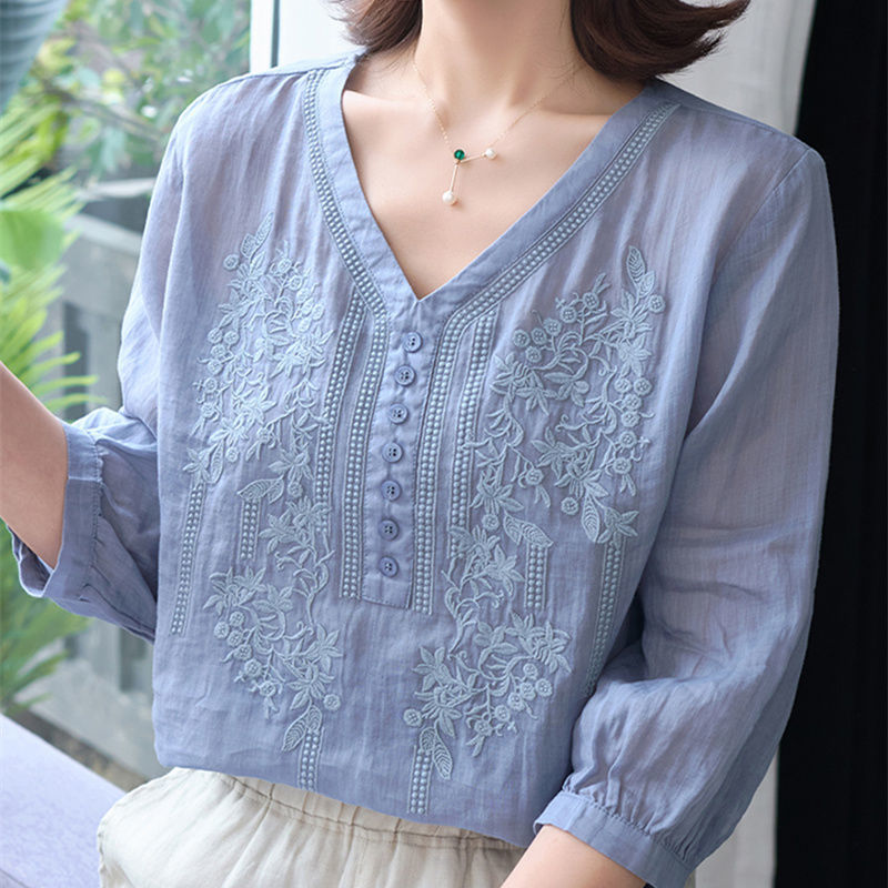 Solid Blue Buttons V-neck Linen Embroidered Shirt Womens Summer Middle-aged Mother Shirts Ladies Summer Three-quarter Sleeve Top alx