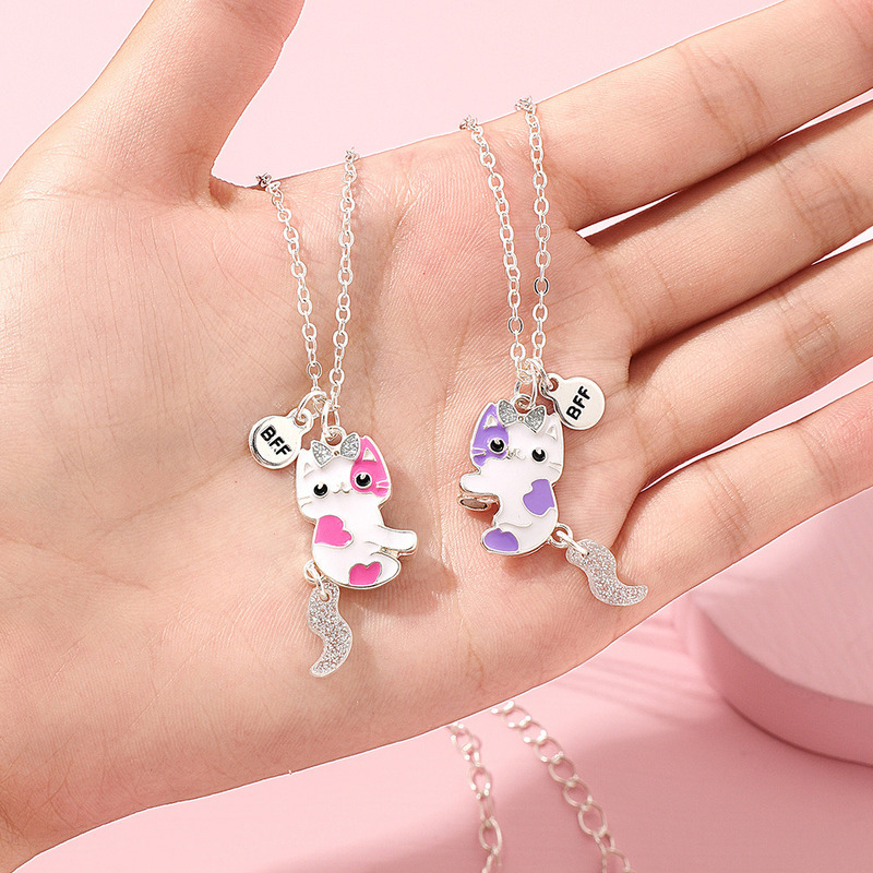 2PCS/Set Cartoon Cat Shape Pendant Chain Best Friends Necklace BFF Friendship Children’s Jewelry Gift for Girls alx