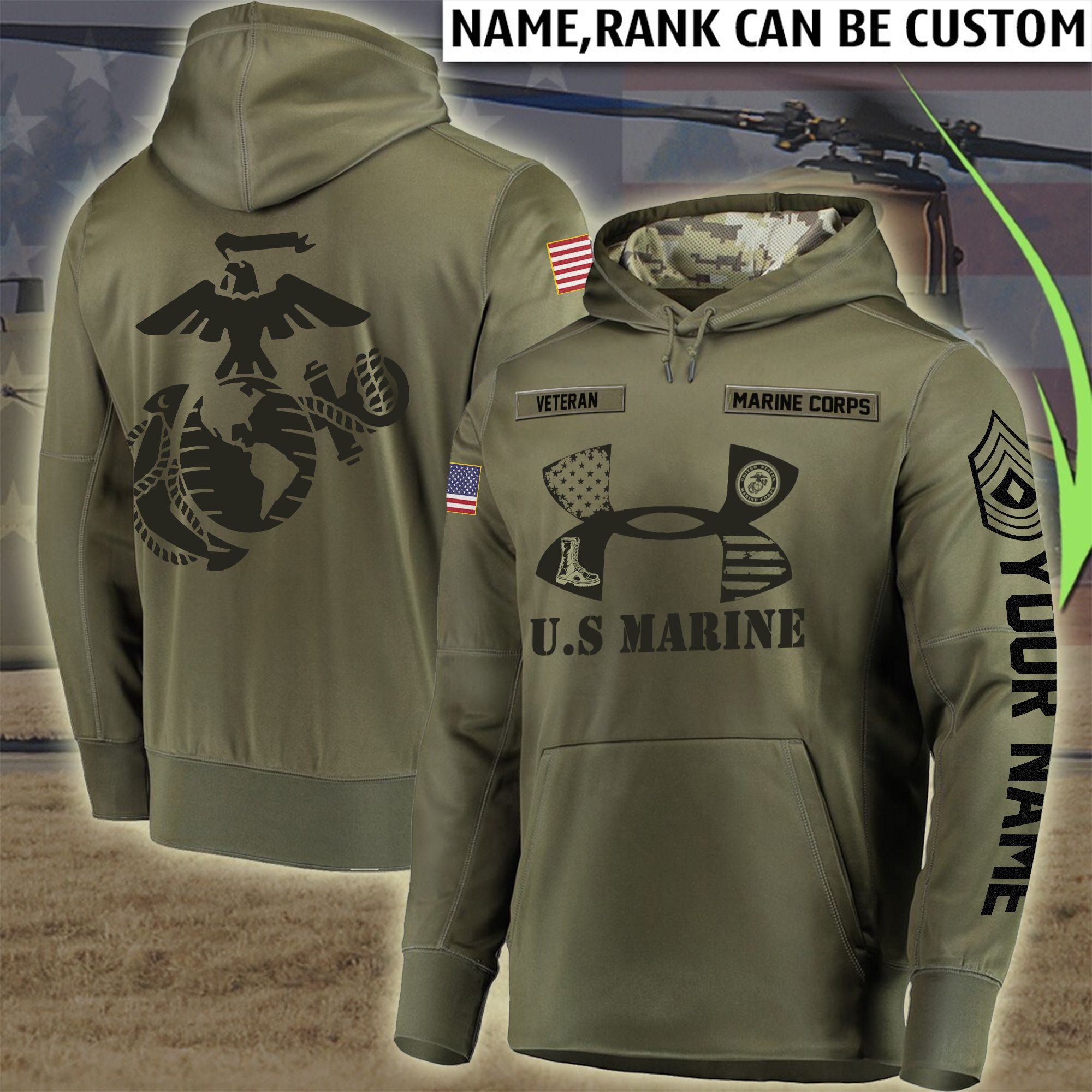 U.S MARINE 3D HOODIE – CUSTOMIZED NAME & RANK