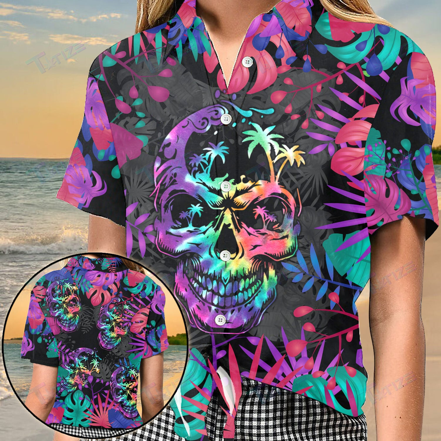 Skull Palm Tree Tie Tye All Over Printed Hawaii Shirt Size S Ha40822