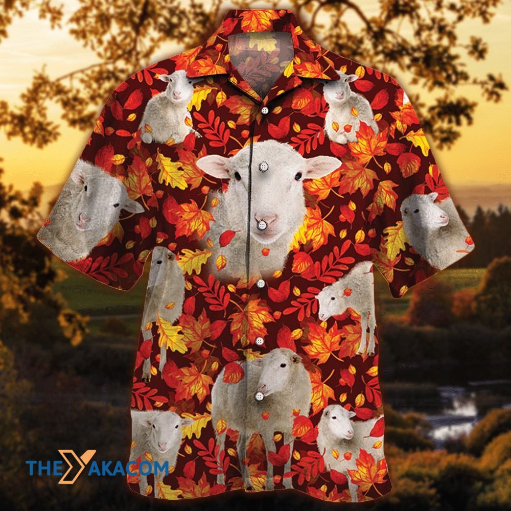 Sheep Lovers Autumn Red Leaves Pattern Hawaiian Shirt Ha90296