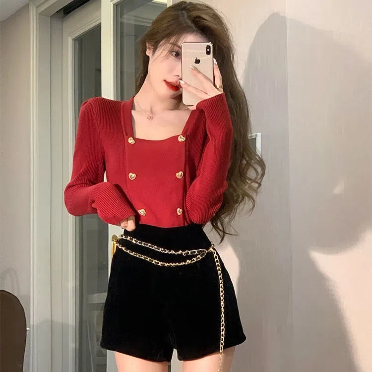 2022 Autumn Winter Square Neck Long Sleeve Sweater Women Sexy Short Red White Elegant Knitwear Double Button Fashion Casual Tops alx