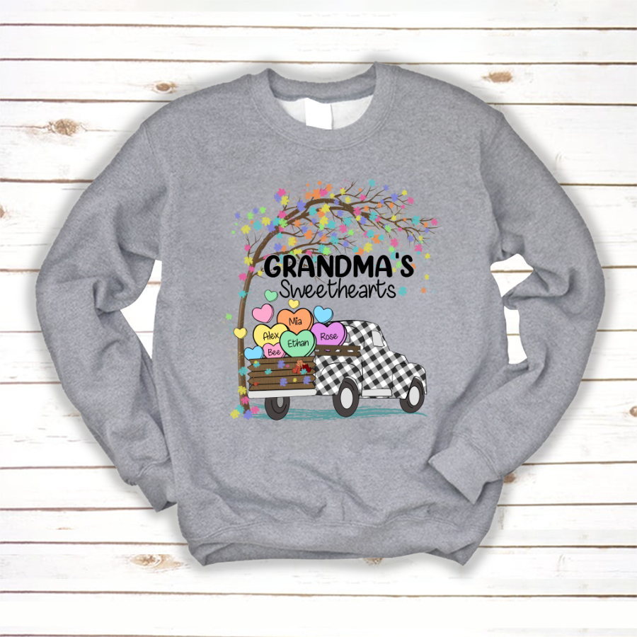 Grandma’S Sweethearts Truck Hearts Kid Names Sweatshirt