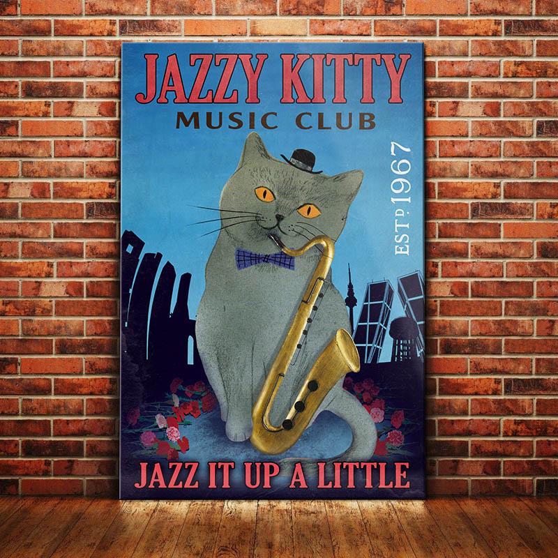 British Shorthair Cat Canvas And Poster Jazz Kitty Music Club | Art Print | Home Decor | Room Decor | Wall Art