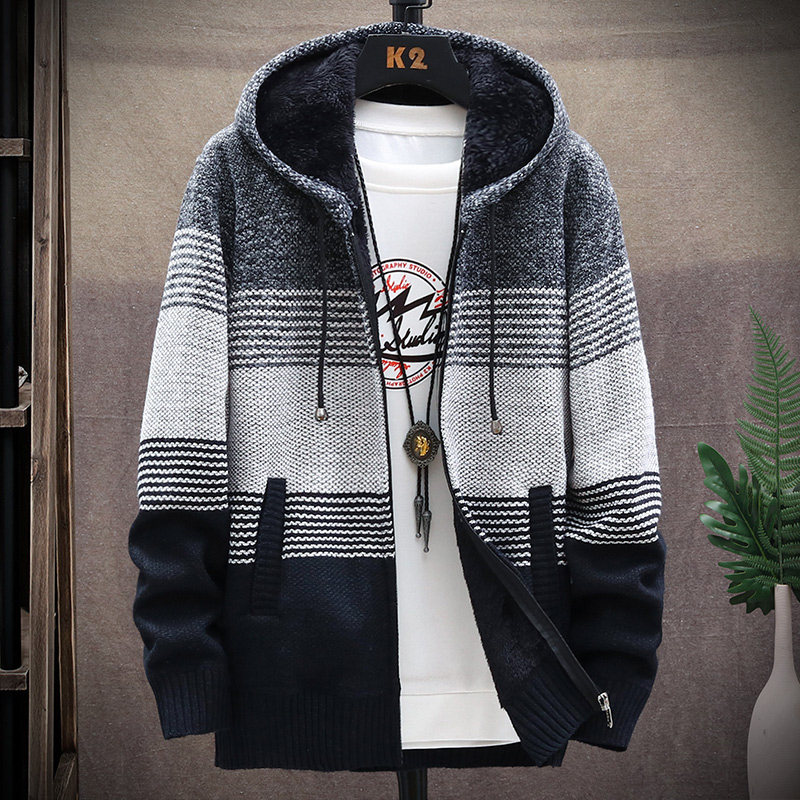 2021 Autumn Korean Hooded Men’s Sweater with Thick and Velvet Men’s Cardigan Knitted Sweater Coat Stripe Jacket Male M-4XL 8821 alx