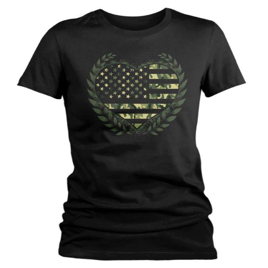 Women’s Camouflage Heart Flag T-Shirt America Shirt Veteran T Shirt Patriotic Shirts Camo Flag Shirt