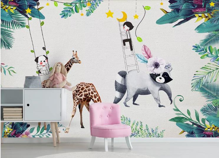 3D Green Leaf Animal Giraffe Raccoon Wall Mural Wallpaper Lqh 174