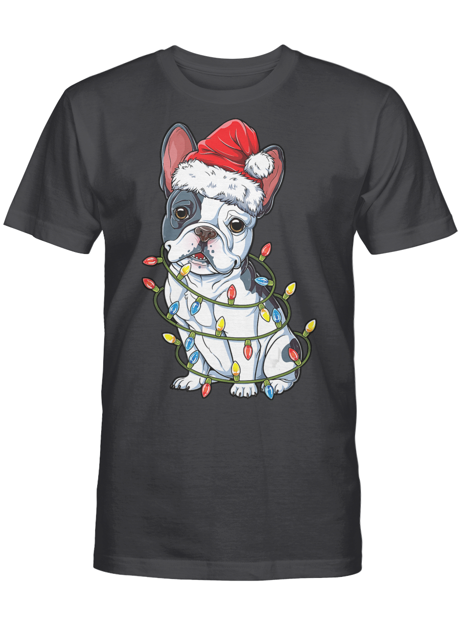 AmazeStyleZ Santa’s Reindeer, Ugly Christmas Sweater, Christmas Gift Ideas, French Bulldog Santa Christmas Tree Lights Xmas Gifts Boys T-Shirt