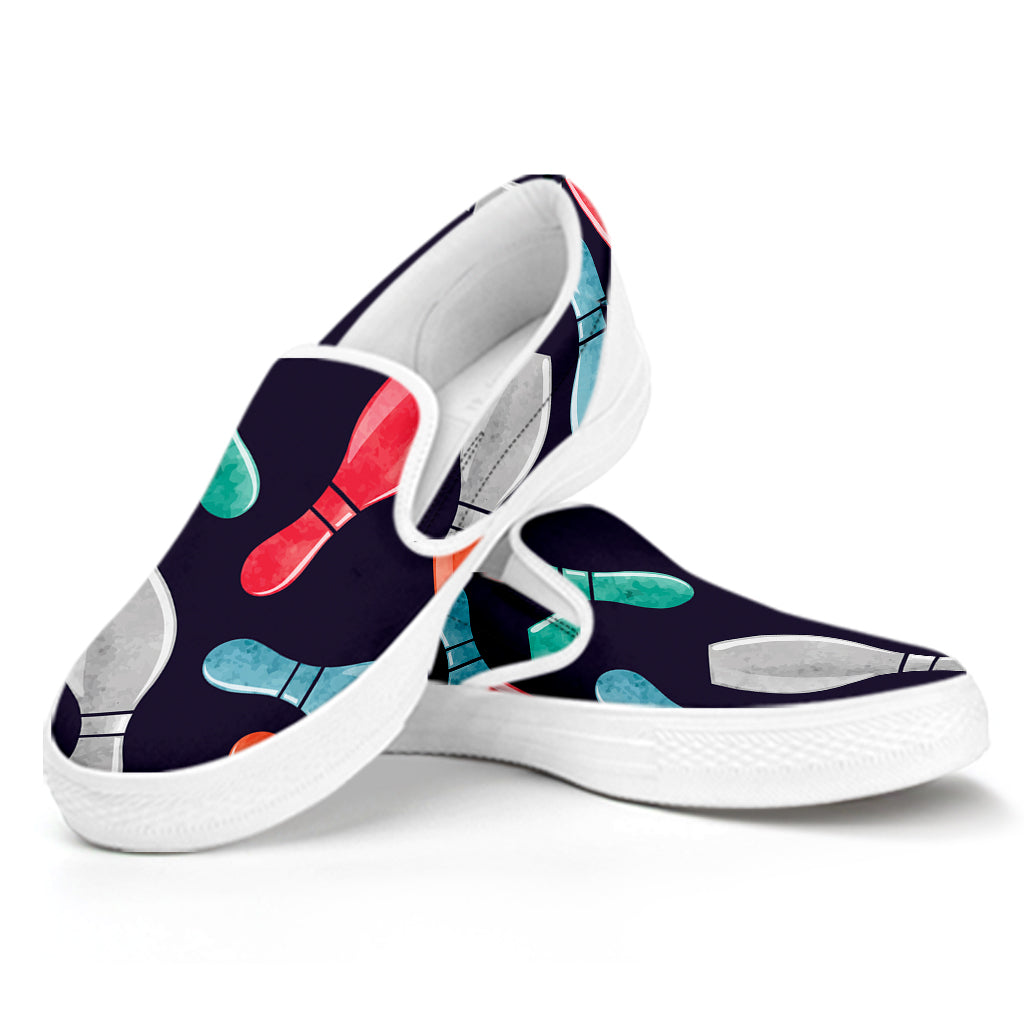 Watercolor Bowling Pins Pattern Print White Slip On Shoes