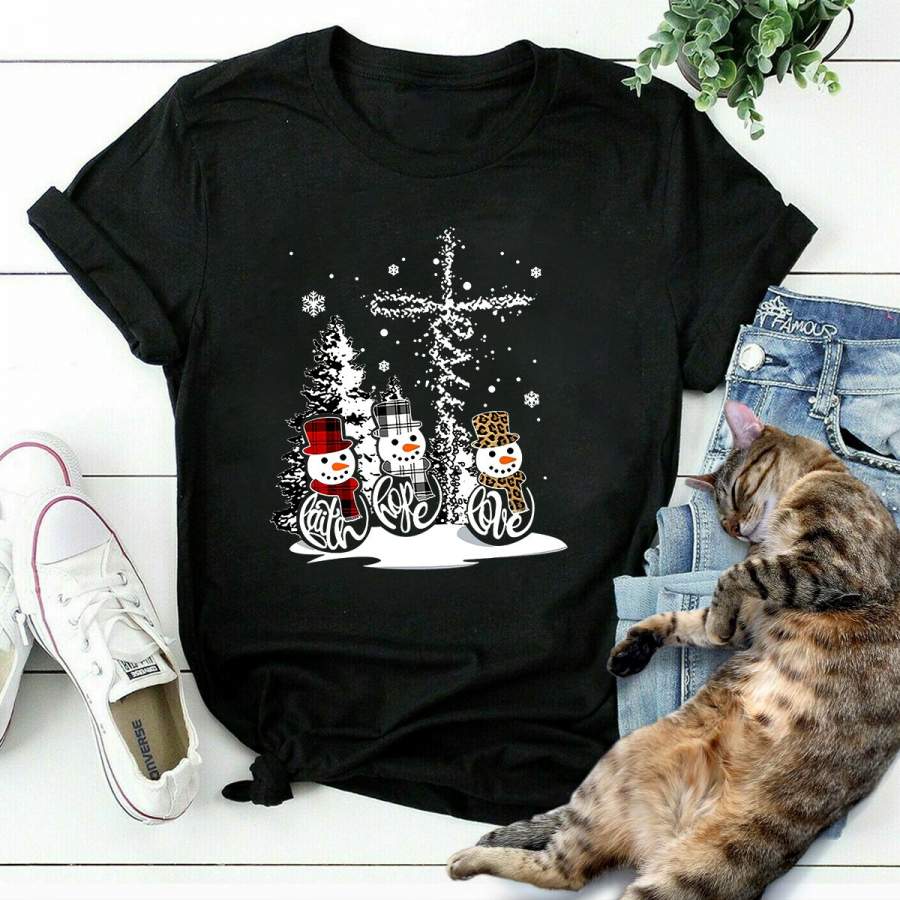 Christmas snowman faith hope love leopard plaid black cotton t shirt for men and women S-6XL