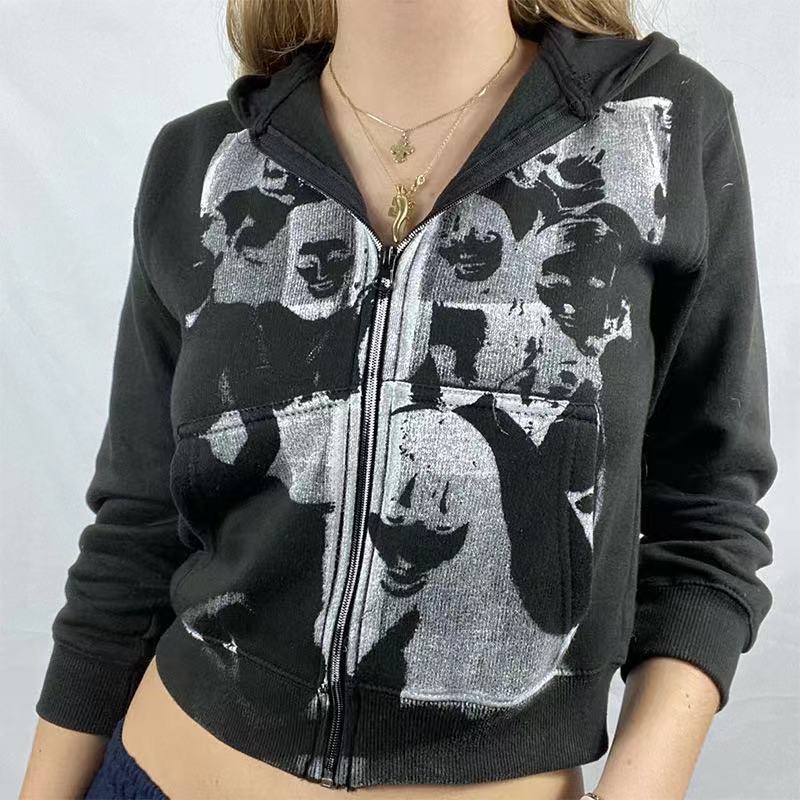 BiggOrange Black Hoodies Women Skull letter printing sweatshirt Vintage Gothic Harajuku Y2k Clothes Grunge Punk Jacket Tops alx