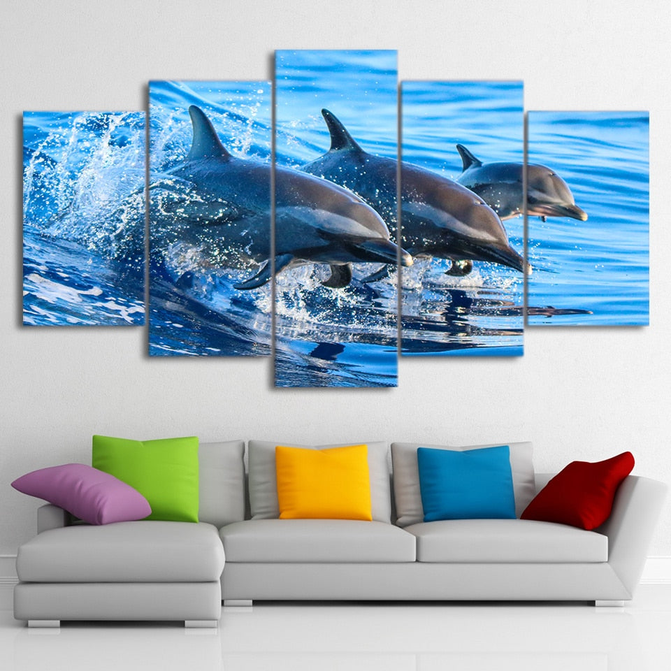 5-Piece Blue Ocean Jumping Dolphins Canvas Wall Art