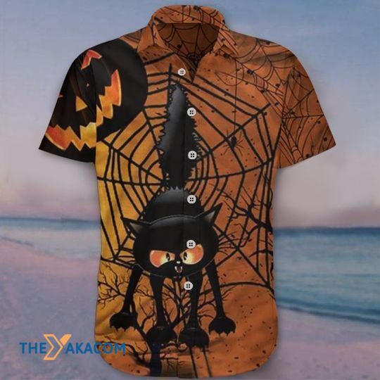 Happy Halloween Pumpkin Funny Black Cat Stuck On Spider Web Hawaiian Shirt Ha26879