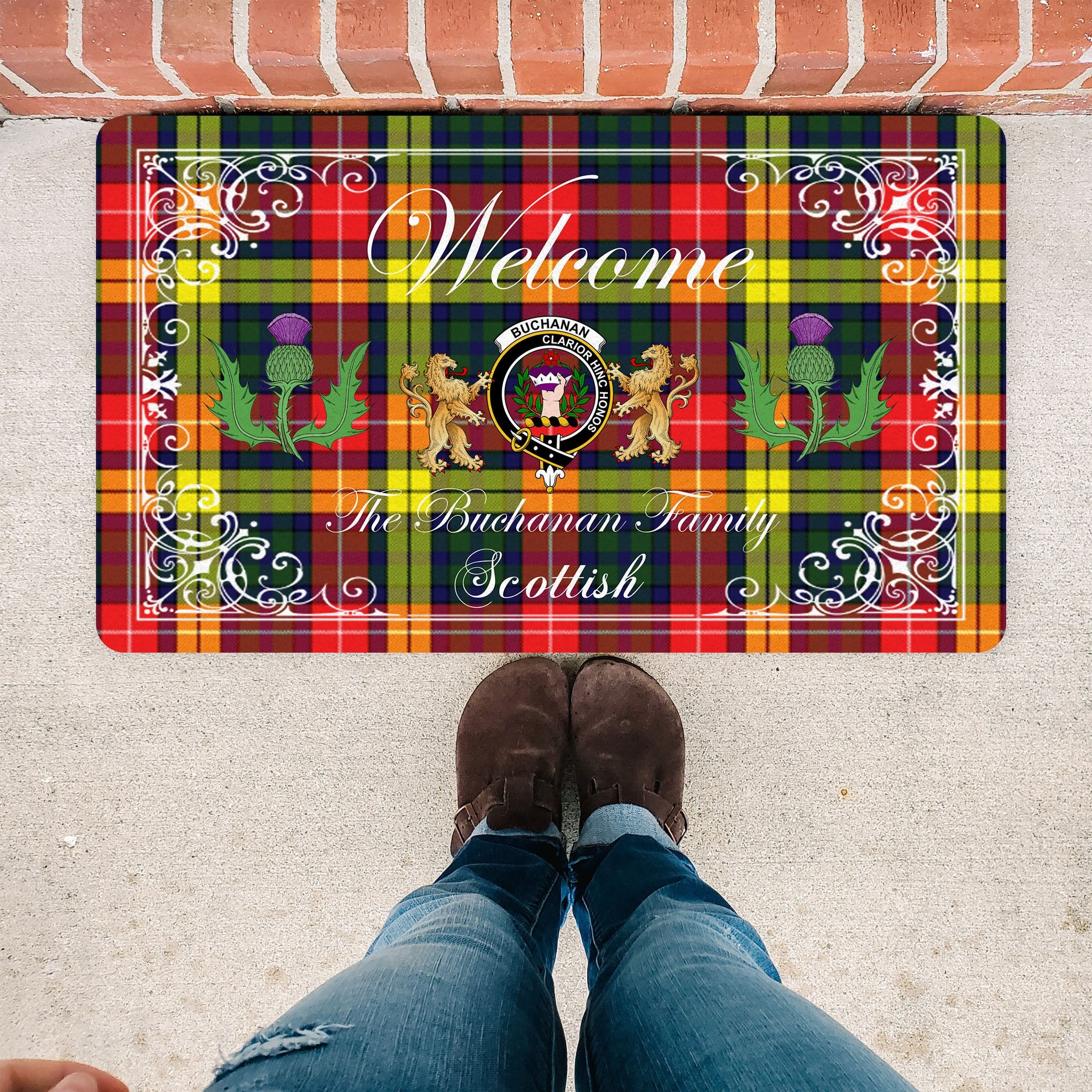 Scotstee Shop Tartan Door Mats Clan Buchanan Modern Badge Tartan Thistle And Two Lion Scottish Plaid Doormat, Christmas Door Mat Gift