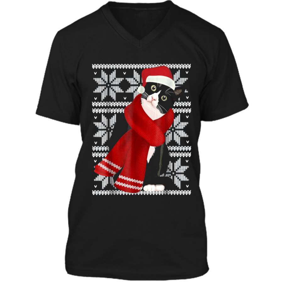 Ugly Christmas Black Cat Santa Hat Scarf X-MAS Gift Mens Printed V-Neck T