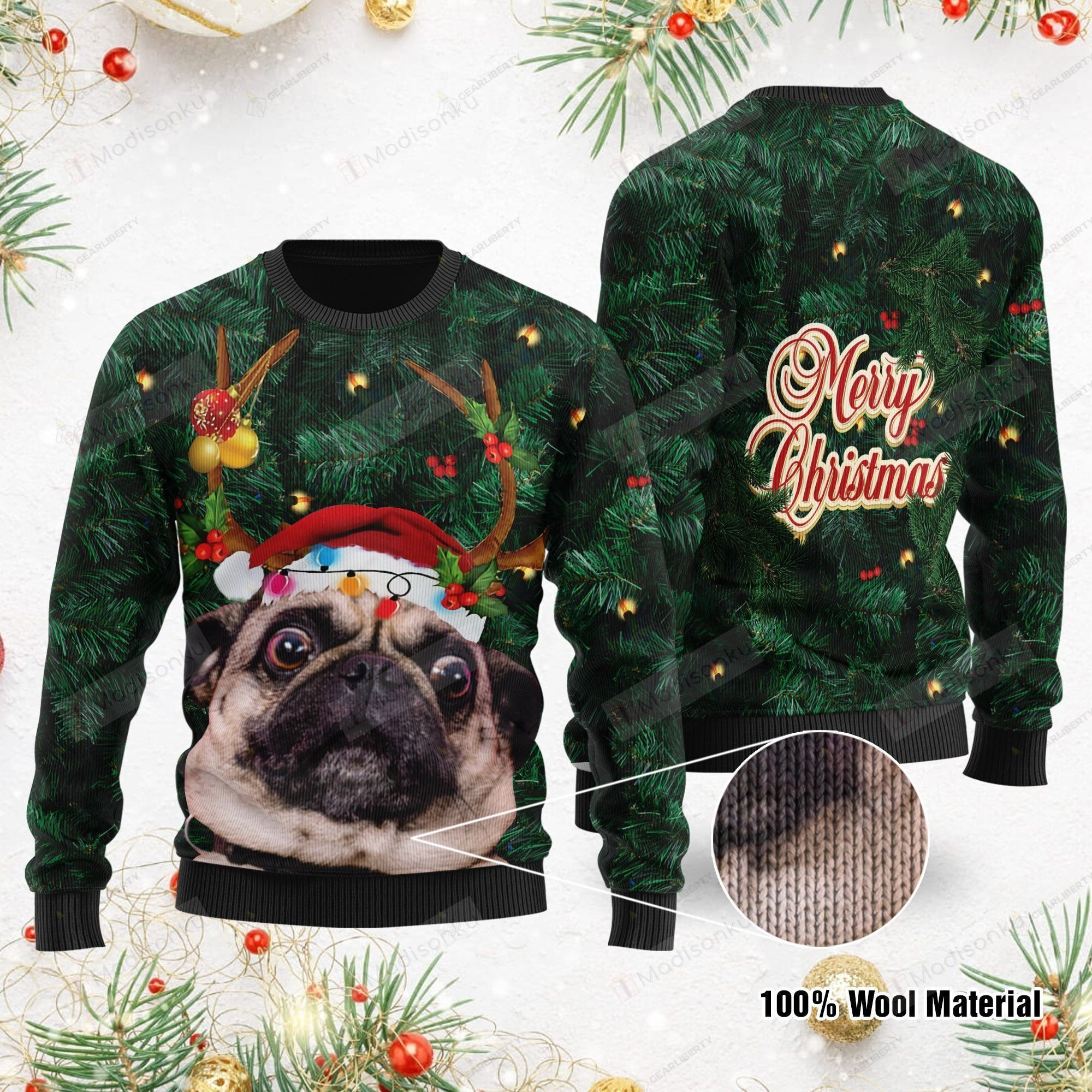 Merry Christmas Pug For Unisex Ugly Christmas Sweater, All Over Print