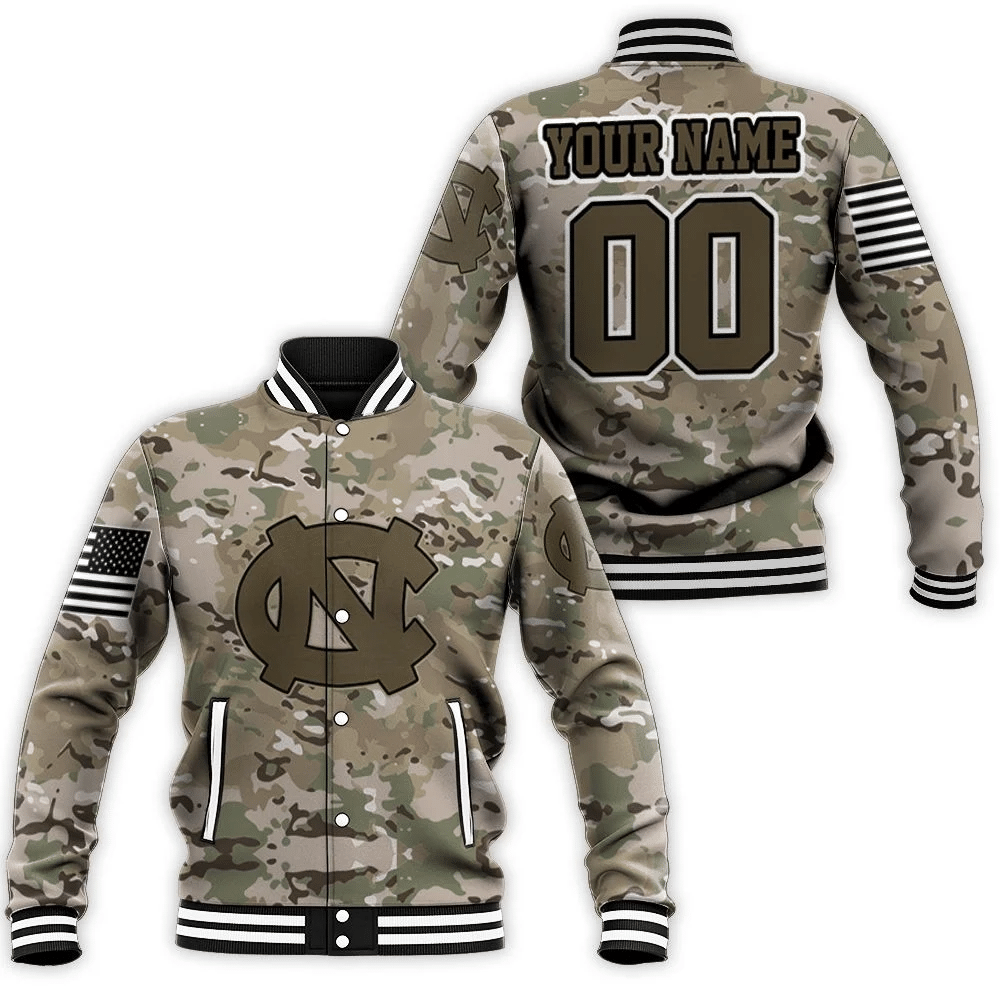 North Carolina Tar Heels Camouflage Veteran 3D Personalized Baseball Jacket For Men Women