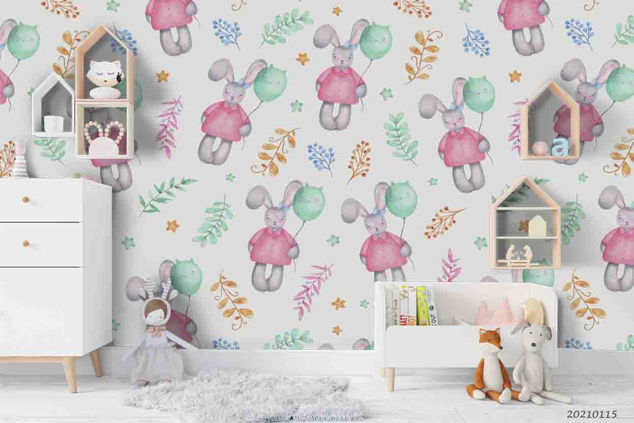 3D Hand Drawn Animal Bunny Balloon Wall Mural Wallpaper Lqh 149