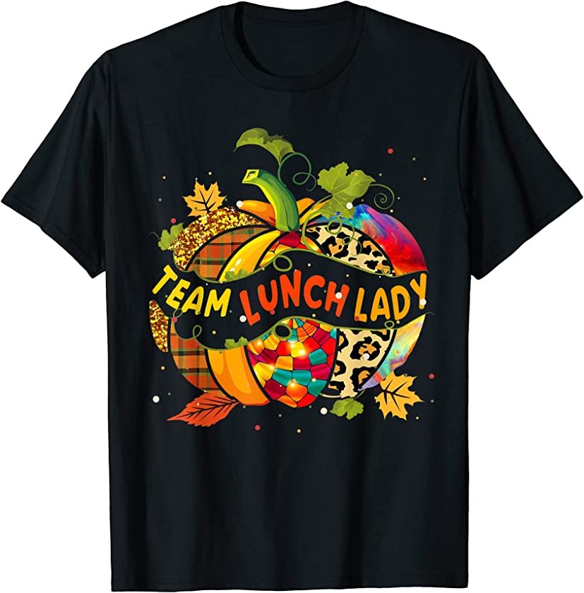 Team Lunch Lady Thanksgiving Colorful Pumpkin Plaid Leopard T-Shirt