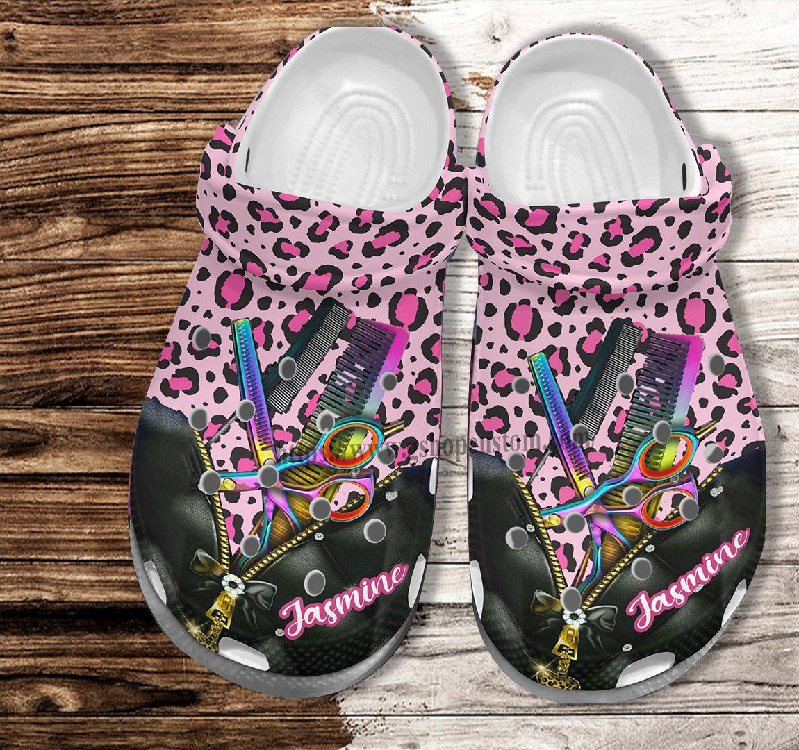 Hair Stylist Leopard Pink Croc Shoes For Wife Mother Day 2022- Scissors Comb Hair Shoes Croc Clogs Customize