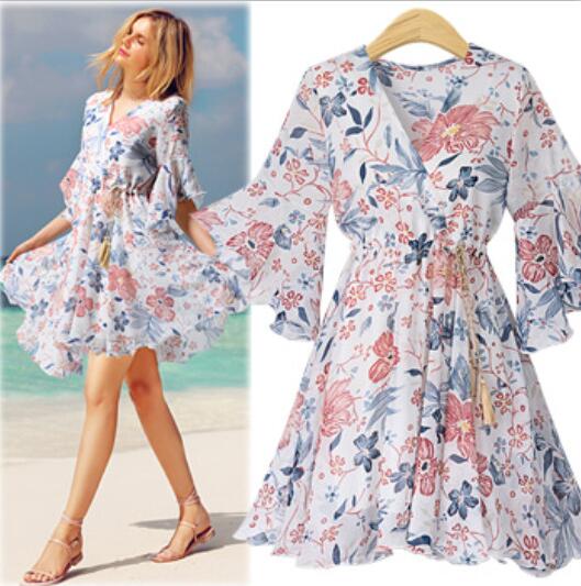 Artfeel New Boho 2 Colors Beach Style Dress Women Mini Dress Floral Summer Holiday Dress Chiffon Lady Braces dress Plus Size alx