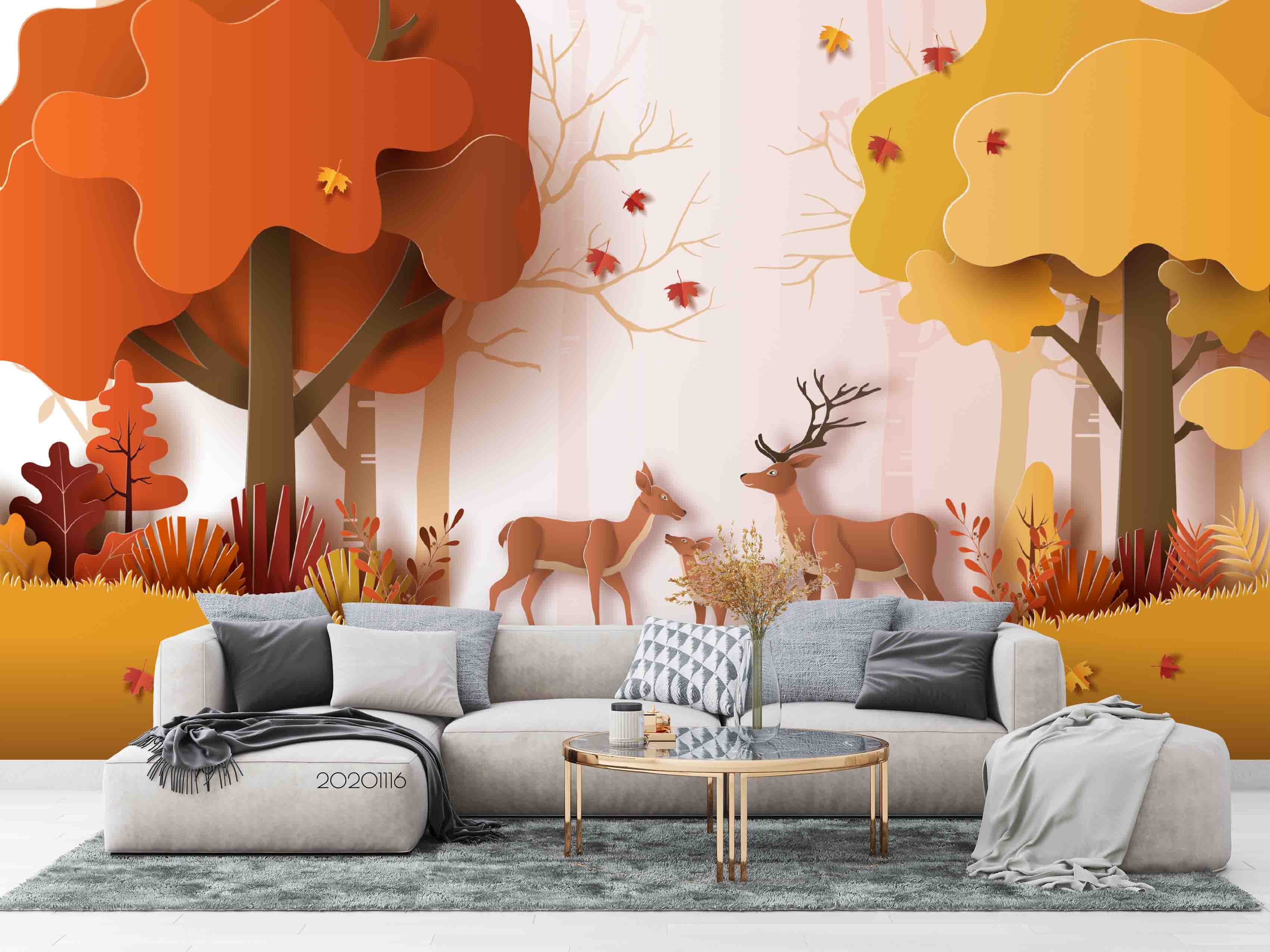 3D Embossed Autumn Tree Leaves Plant Buck Animal Wall Mural Wallpaper Lxl