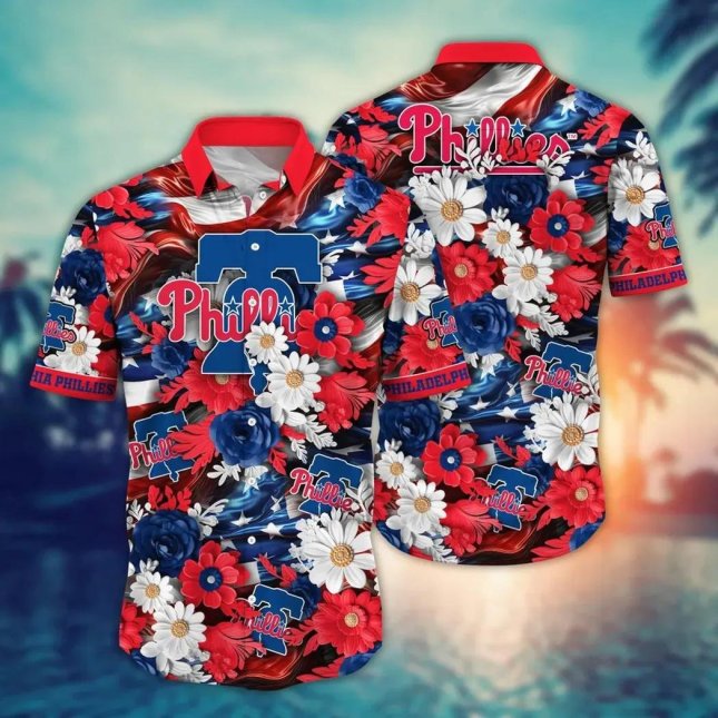 Philadelphia Phillies Hawaiian Shirt Floral Wave Design