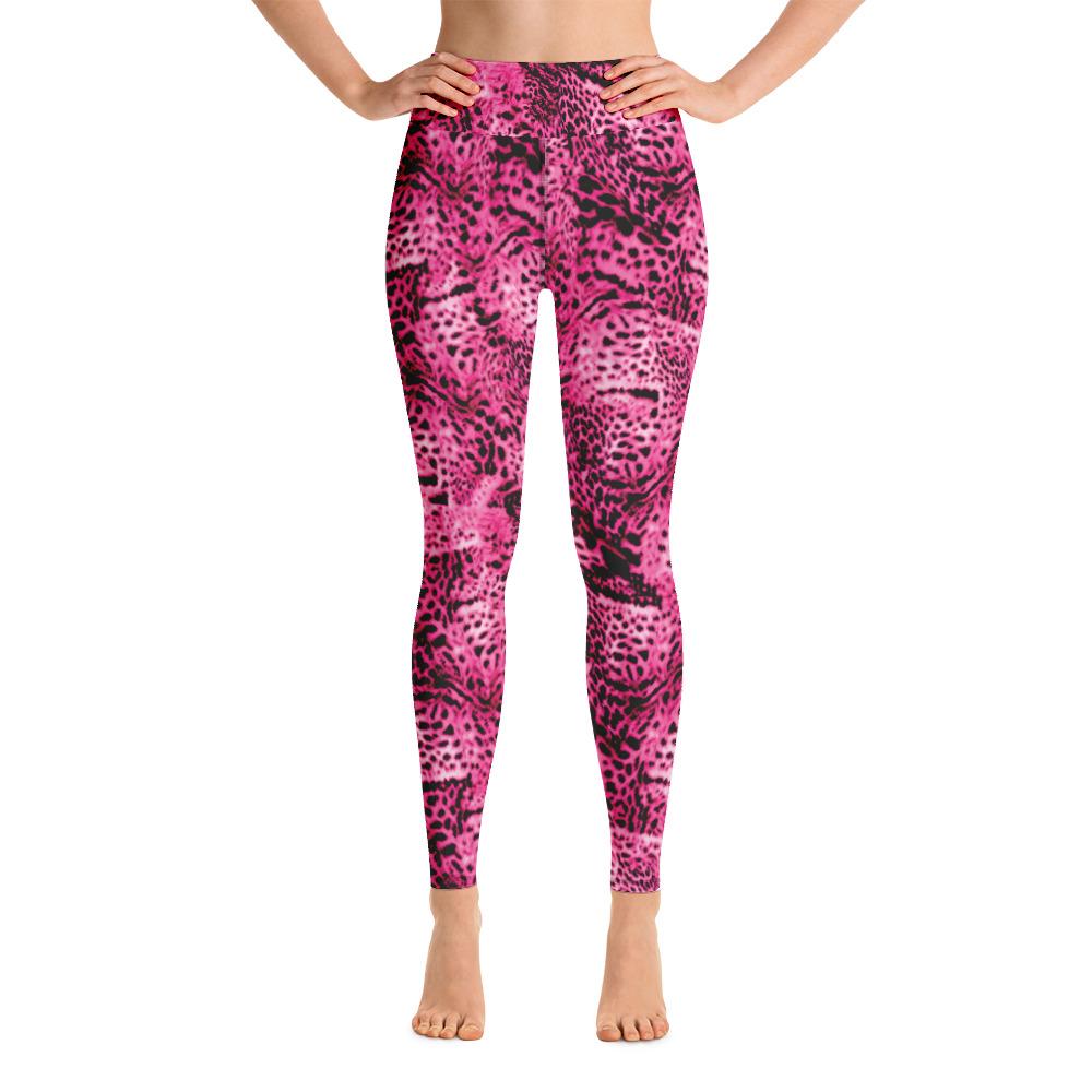 Pink Animal Print Yoga Leggings, Pink Leopard Print Leggings