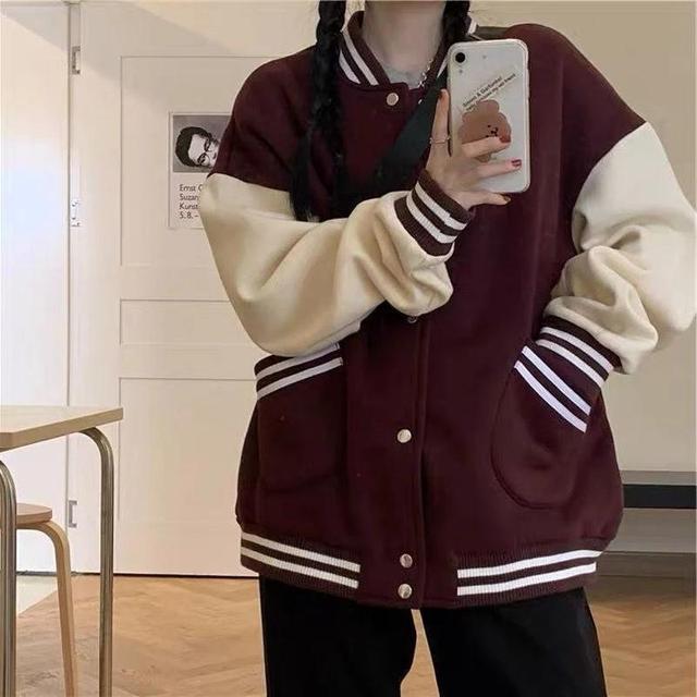 Autumn Women Baseball Jacket Harajuku Casual Loose Pocket Printed Korean Oversize Bomber Sweatshirt Uniform Streetwear Tops alx