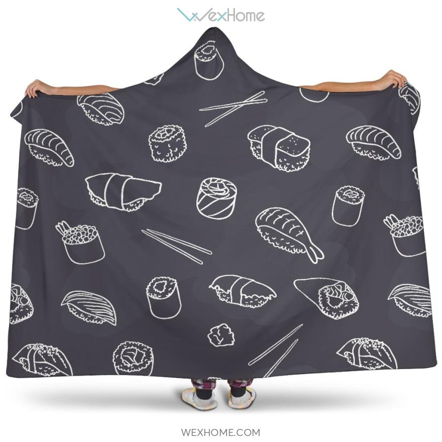 Sushi Pattern Black Background Hooded Blanket