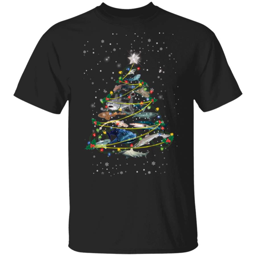 Shark Christmas Tree T-Shirt Falling Snowflake Xmas Shirt Designs, Gifts For Shark Lovers