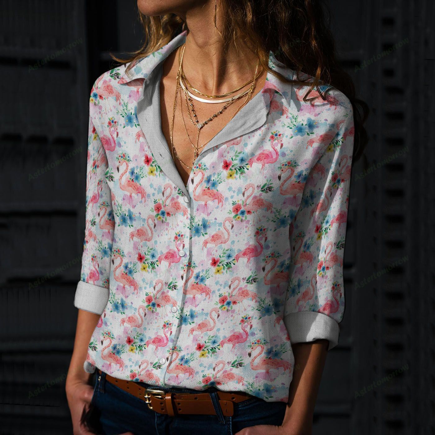 Watercolor Flamingos Cotton And Linen Casual Shirt, Birds Casual Shirt